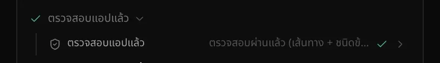 บรรทัดกิจกรรม ตรวจสอบแอปแล้ว ที่เปิดออกให้เห็นขั้นตอนตรวจสอบแอปแล้ว พร้อมผลตรวจสอบผ่านแล้ว (เส้นทาง + ชนิดข้อมูล) และเครื่องหมายถูก