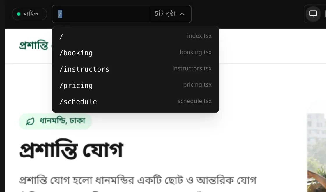 খোলা ঠিকানা বারে পাঁচটি পৃষ্ঠা: /, /booking, /instructors, /pricing ও /schedule