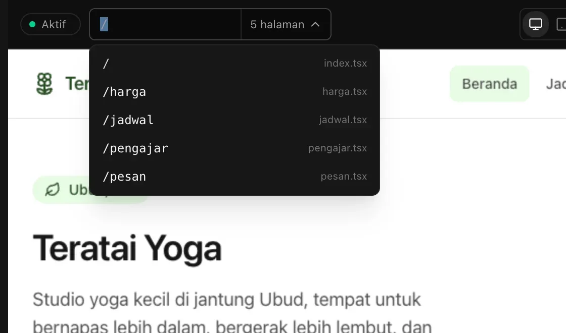 Bilah alamat terbuka dan menampilkan lima halaman: /, /harga, /jadwal, /pengajar, dan /pesan