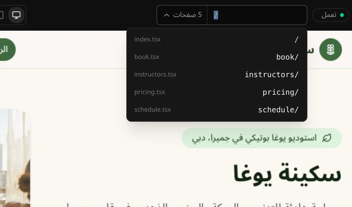 شريط العنوان مفتوحًا ويعرض خمس صفحات: / و/book و/instructors و/pricing و/schedule، ولكل منها اسم ملفها