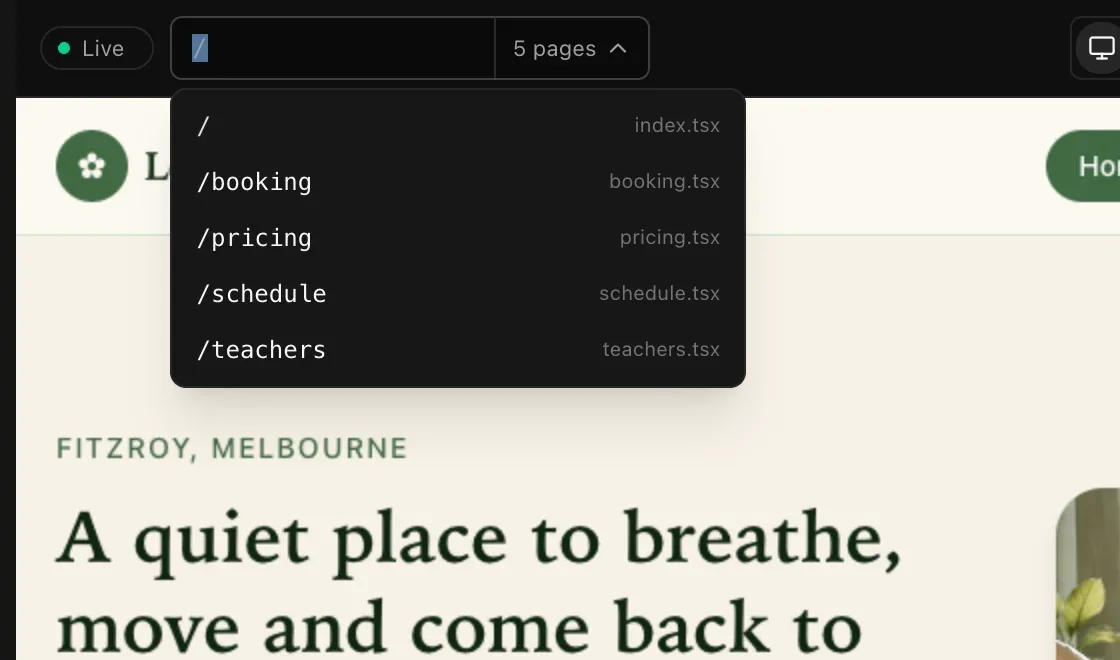 The address bar opened to show five pages: /, /booking, /pricing, /schedule and /teachers