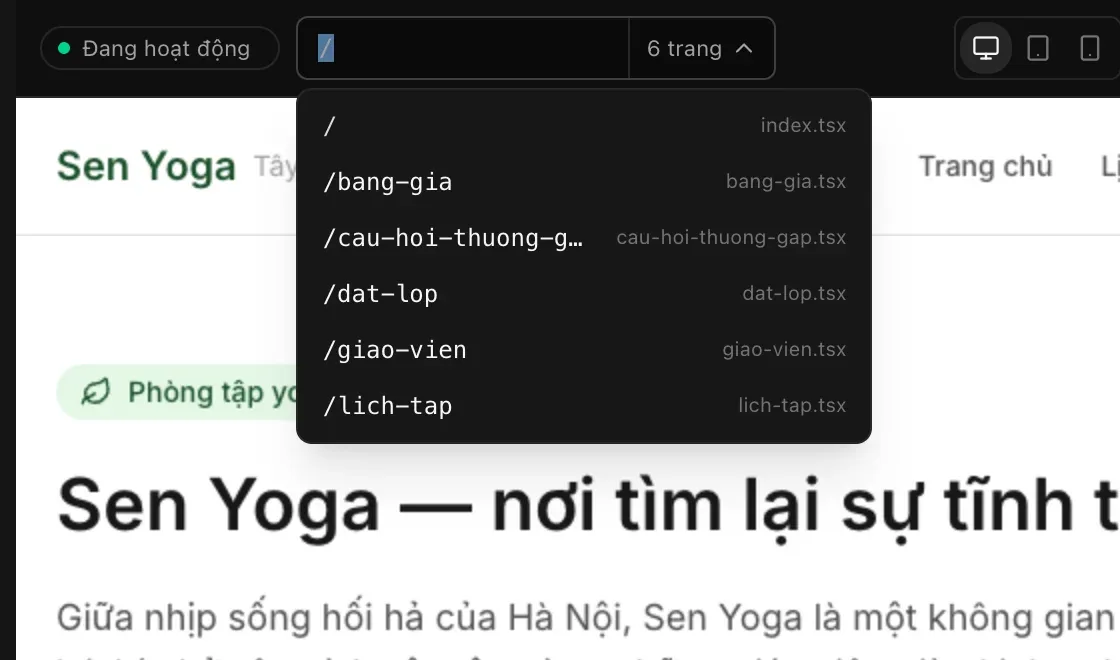 Thanh địa chỉ đang mở, hiển thị sáu trang: /, /bang-gia, /cau-hoi-thuong-gap, /dat-lop, /giao-vien và /lich-tap