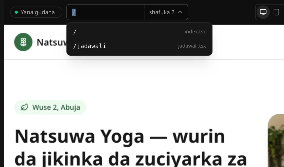 Sandar adireshi a buɗe tana nuna shafuka biyu: / (index.tsx) da /jadawali (jadawali.tsx)