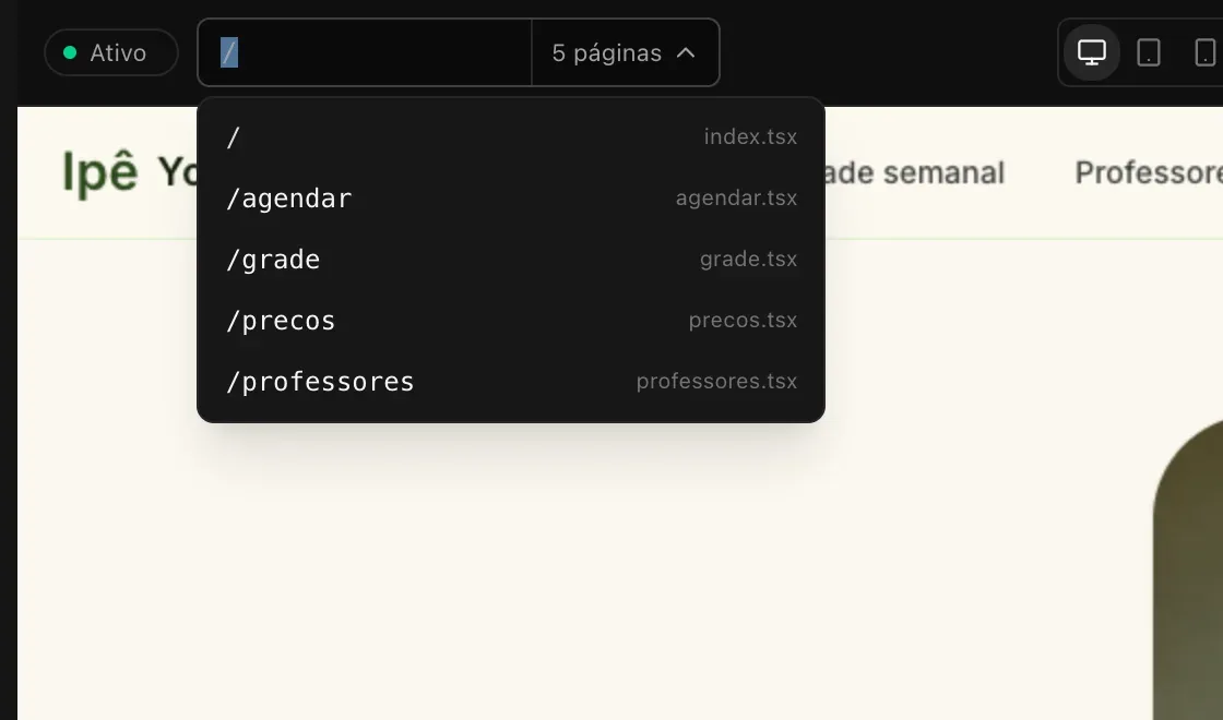A barra de endereço aberta mostrando cinco páginas, cada uma com seu arquivo: /, /agendar, /grade, /precos e /professores