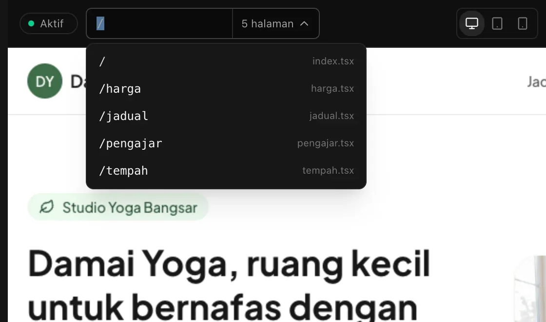 Bar alamat dibuka untuk menunjukkan lima halaman dan failnya: /, /harga, /jadual, /pengajar dan /tempah