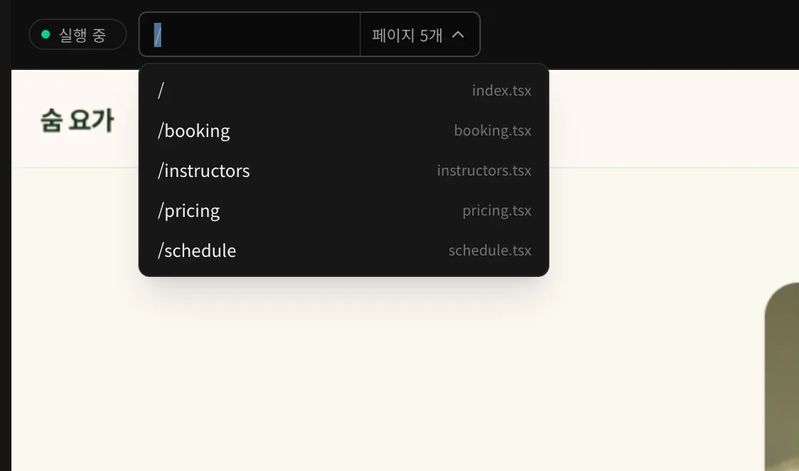 주소창을 열어 페이지 다섯 개(/, /booking, /instructors, /pricing, /schedule)와 각 페이지 파일이 보이는 모습