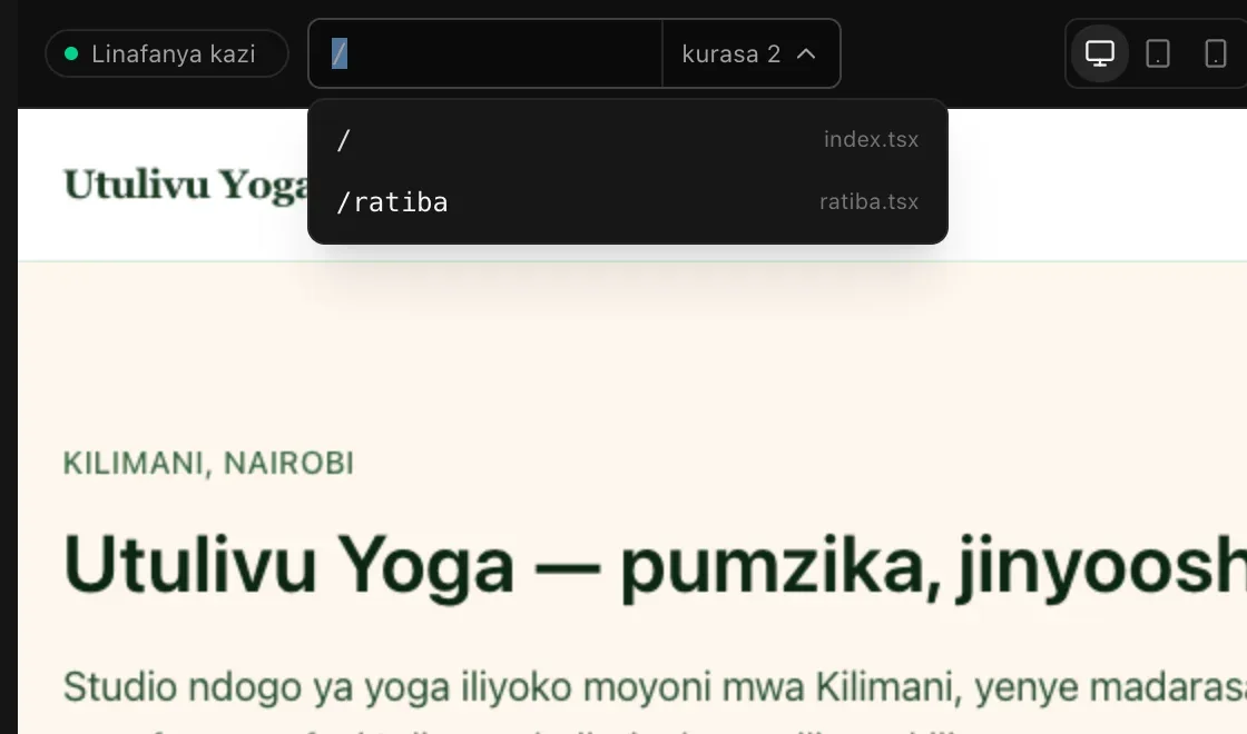 Upau wa anwani ukiwa wazi kuonyesha kurasa mbili: / (index.tsx) na /ratiba (ratiba.tsx)