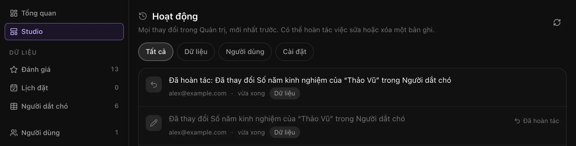 Hoạt động trong Quản trị: thay đổi Số năm kinh nghiệm của “Thảo Vũ” và lần hoàn tác nó, mỗi dòng ghi người thay đổi và thời điểm, kèm nhãn Đã hoàn tác