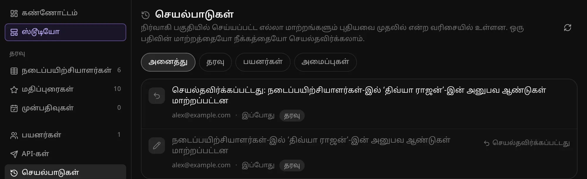 நிர்வாகி செயல்பாடுகள்: திவ்யா ராஜனின் அனுபவ ஆண்டுகளில் செய்த மாற்றமும் அதன் செயல்தவிர்ப்பும், யார், எப்போது என்ற விவரத்துடன்; மாற்றத்தின் அருகில் “செயல்தவிர்க்கப்பட்டது” குறி