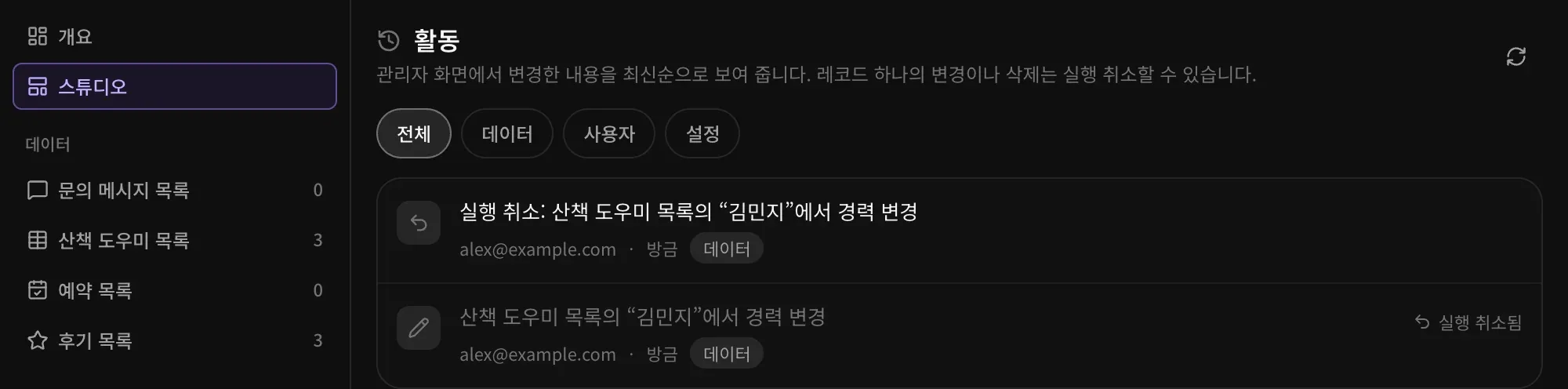 관리자 활동의 전체, 데이터, 사용자, 설정 필터: ‘실행 취소: 산책 도우미 목록의 “김민지”에서 경력 변경’과 그 아래 실행 취소됨으로 표시된 원래 변경, 각각 변경한 사람과 시점(방금)