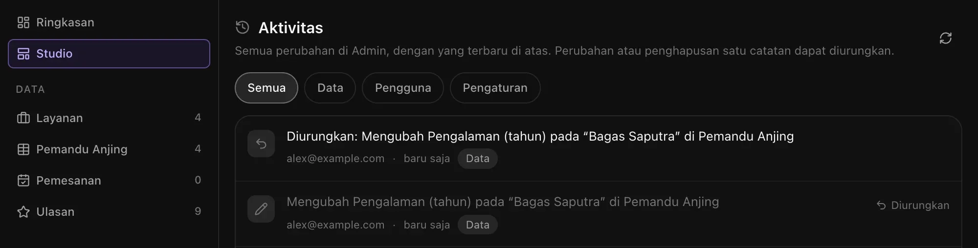 Aktivitas Admin: perubahan Pengalaman (tahun) pada Bagas Saputra dan pengurungannya, masing-masing dengan siapa yang mengubah dan kapan, serta label Diurungkan