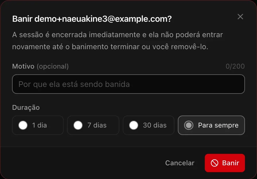 Caixa de diálogo Banir demo+naeuakine3@example.com?: um Motivo opcional e a Duração — 1 dia, 7 dias, 30 dias ou Para sempre —, com Cancelar e Banir