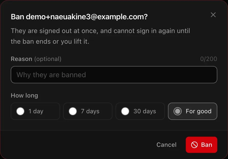 Ban dialog: an optional reason and how long — 1 day, 7 days, 30 days or For good