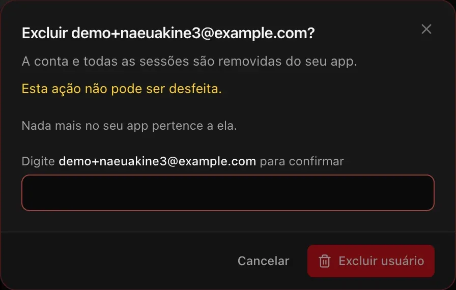 Caixa de diálogo Excluir demo+naeuakine3@example.com?: Esta ação não pode ser desfeita. Nada mais no seu app pertence a ela. Digite o e-mail para confirmar, com Cancelar e Excluir usuário.