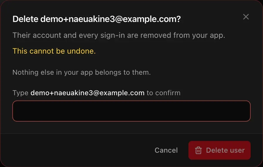 Delete dialog: This cannot be undone. Nothing else in your app belongs to them. Type the email to confirm.
