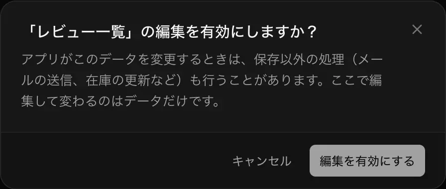 「「レビュー一覧」の編集を有効にしますか？」のダイアログ。アプリはこのデータを変更するとき、保存以外の処理（メールの送信、在庫の更新）をすることがあり、ここでの編集はデータだけを変更すると説明している