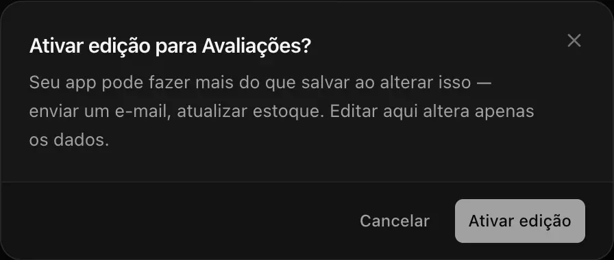 Caixa de diálogo: Ativar edição para Avaliações? Seu app pode fazer mais do que salvar ao alterar isso — enviar um e-mail, atualizar estoque. Editar aqui altera apenas os dados. Botões Cancelar e Ativar edição.