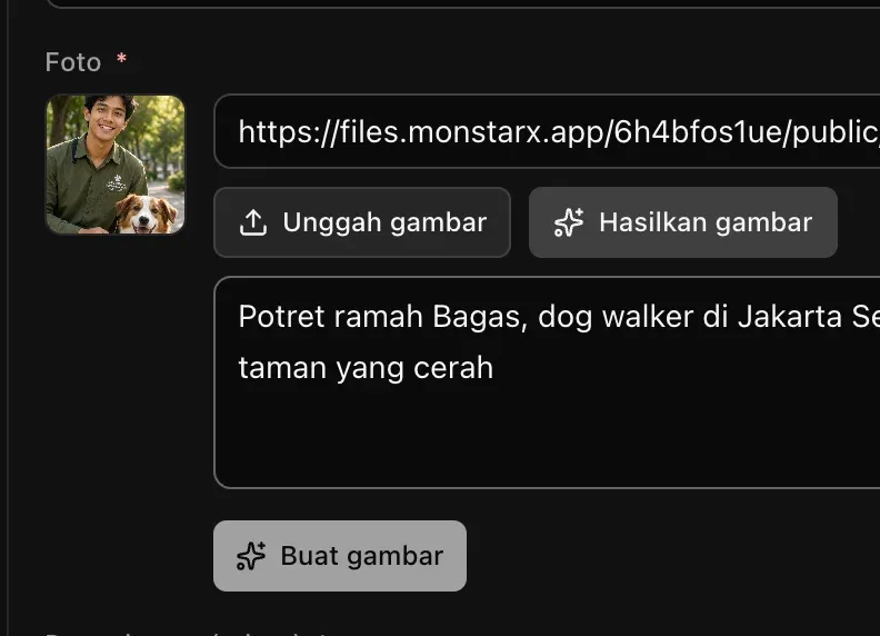 Kolom foto di Admin dengan Hasilkan gambar terbuka, deskripsi gambar sudah diketik, dan tombol Buat gambar
