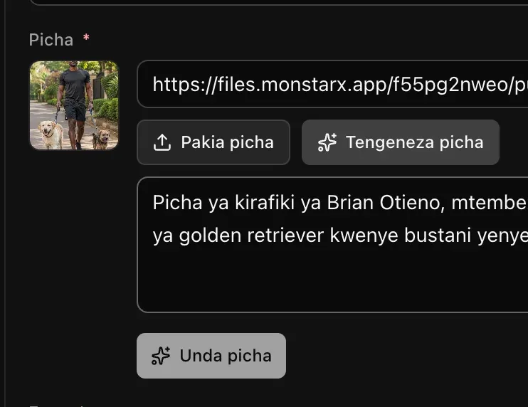 Sehemu ya Picha kwenye Msimamizi ikiwa na Tengeneza picha imefunguliwa, maelezo ya picha ya Brian Otieno yameandikwa, na kitufe cha Unda picha