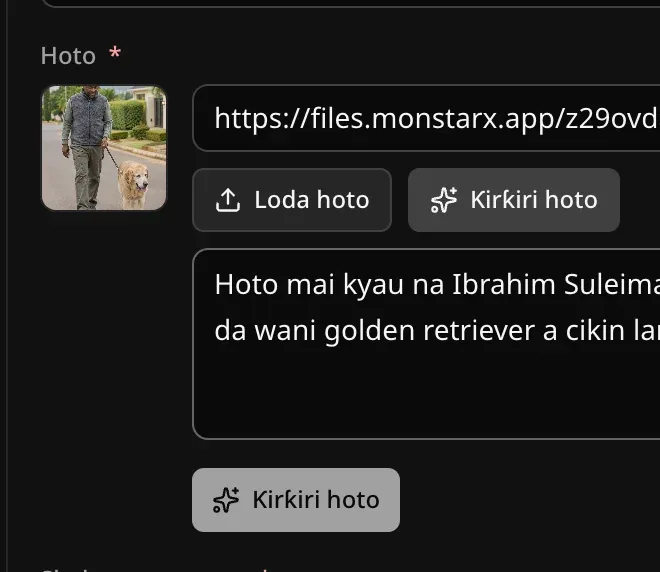 Filin Hoto a Gudanarwa tare da Ƙirƙiri hoto a buɗe, an rubuta bayanin hoton Ibrahim Suleiman, da maɓallin Ƙirƙiri hoto