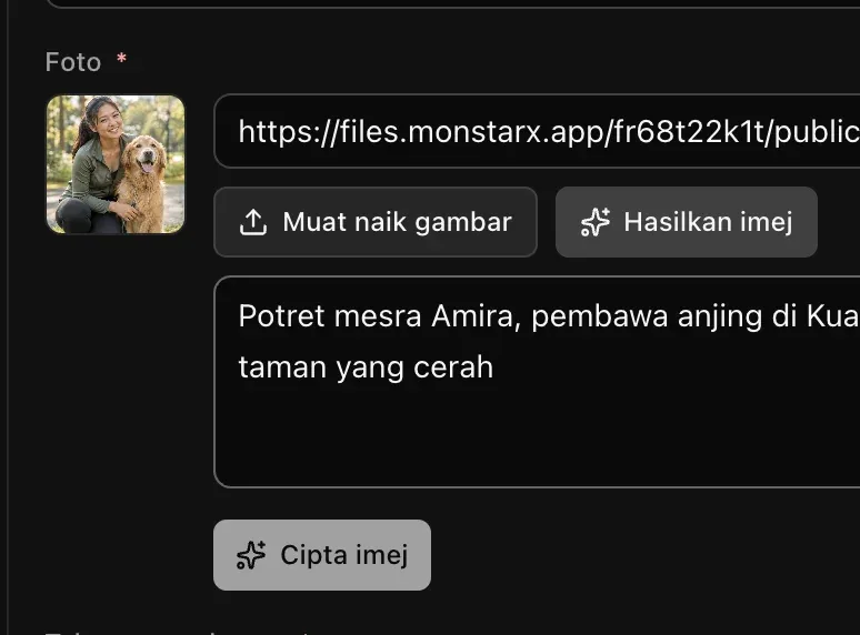 Medan foto dalam Admin dengan Hasilkan imej dibuka, penerangan potret Amira sudah ditaip, dan butang Cipta imej