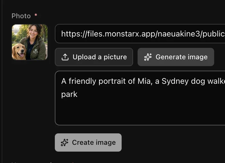 A photo field in Admin with Generate image open, a description of the picture typed in, and a Create image button