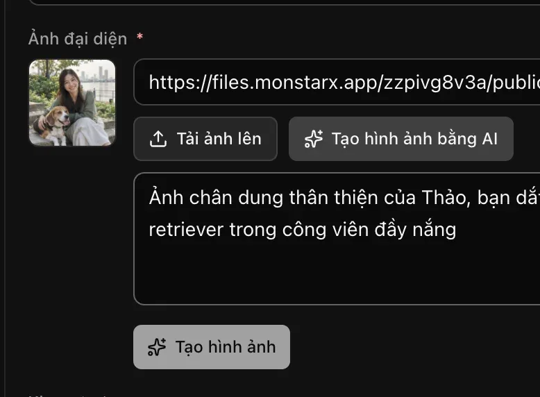 Trường ảnh trong Quản trị với phần Tạo hình ảnh bằng AI đang mở, một đoạn mô tả bức ảnh đã được nhập và nút Tạo hình ảnh