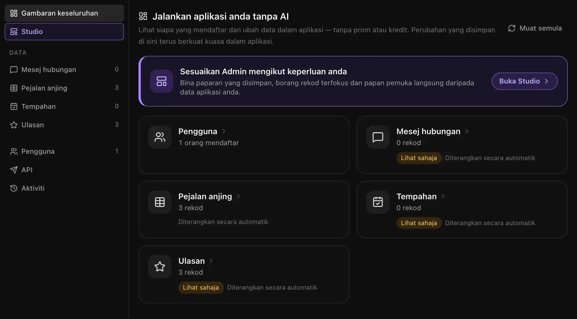 Tab Admin untuk Paw Jalan, aplikasi tempahan khidmat membawa anjing berjalan, dengan kad Pengguna, Mesej hubungan, Pejalan anjing, Tempahan dan Ulasan