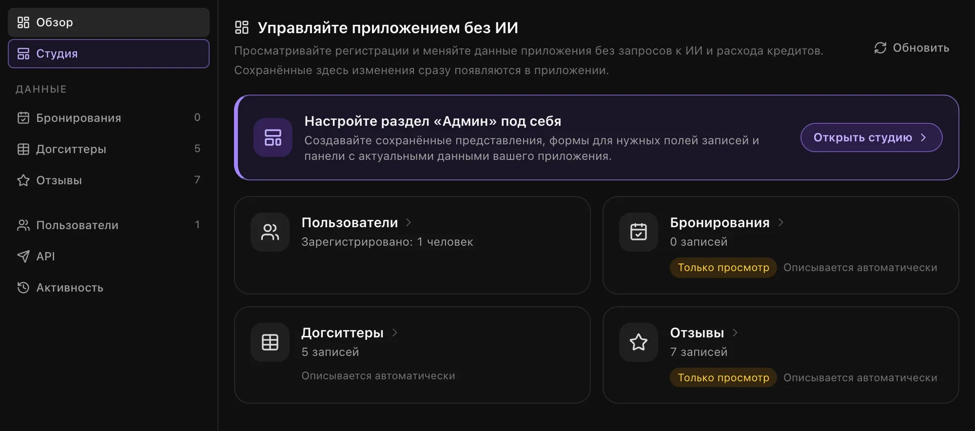 Вкладка «Админ» приложения «Выгул собак Москва» с карточками пользователей, бронирований, догситтеров и отзывов