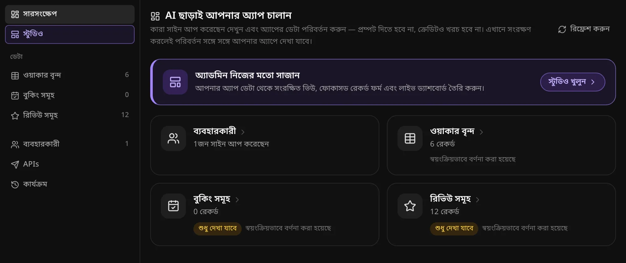 ডগ ওয়াকিং বুকিং অ্যাপের অ্যাডমিন ট্যাব, এর ব্যবহারকারী, ওয়াকার বৃন্দ, বুকিং সমূহ ও রিভিউ সমূহের কার্ডসহ