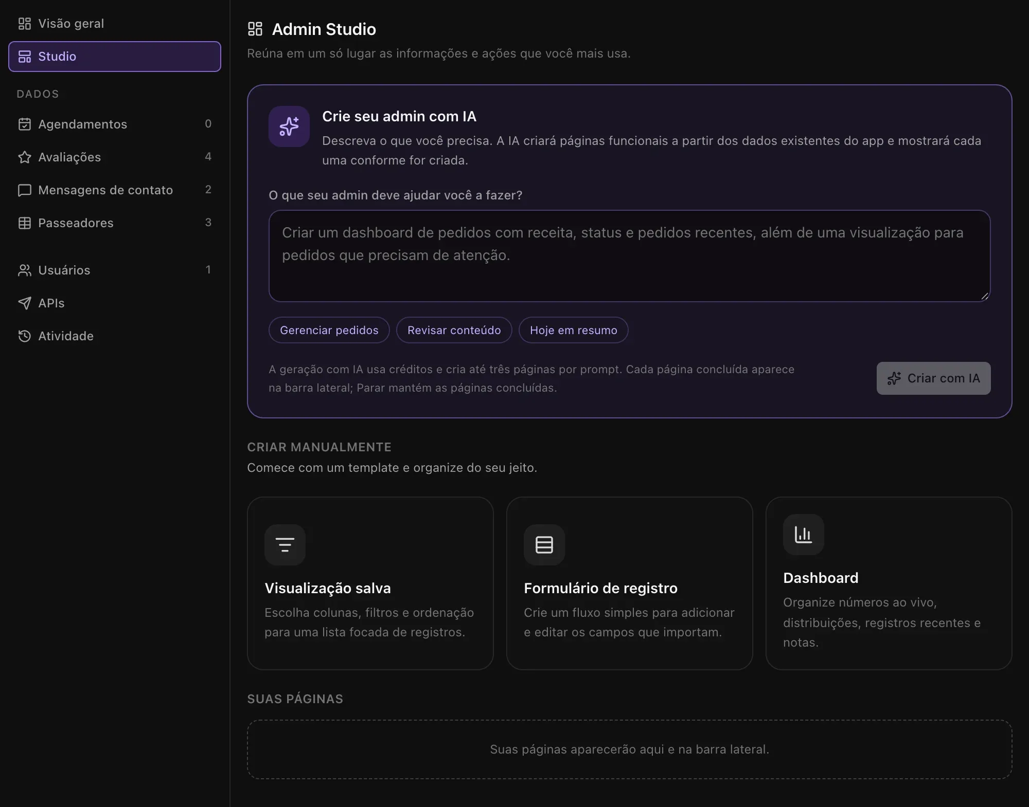 Admin Studio: Crie seu admin com IA, com prompts de exemplo, e três templates para criar manualmente: Visualização salva, Formulário de registro e Dashboard