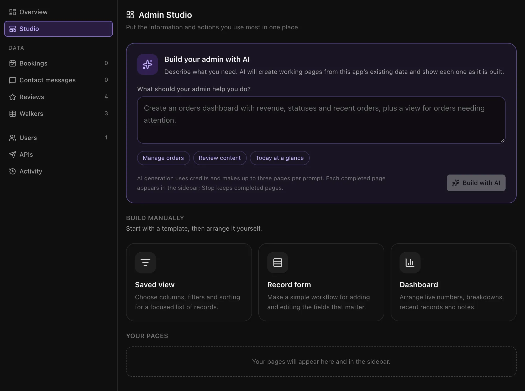 Admin Studio: Build your admin with AI, with example prompts, and three templates to build manually: Saved view, Record form and Dashboard