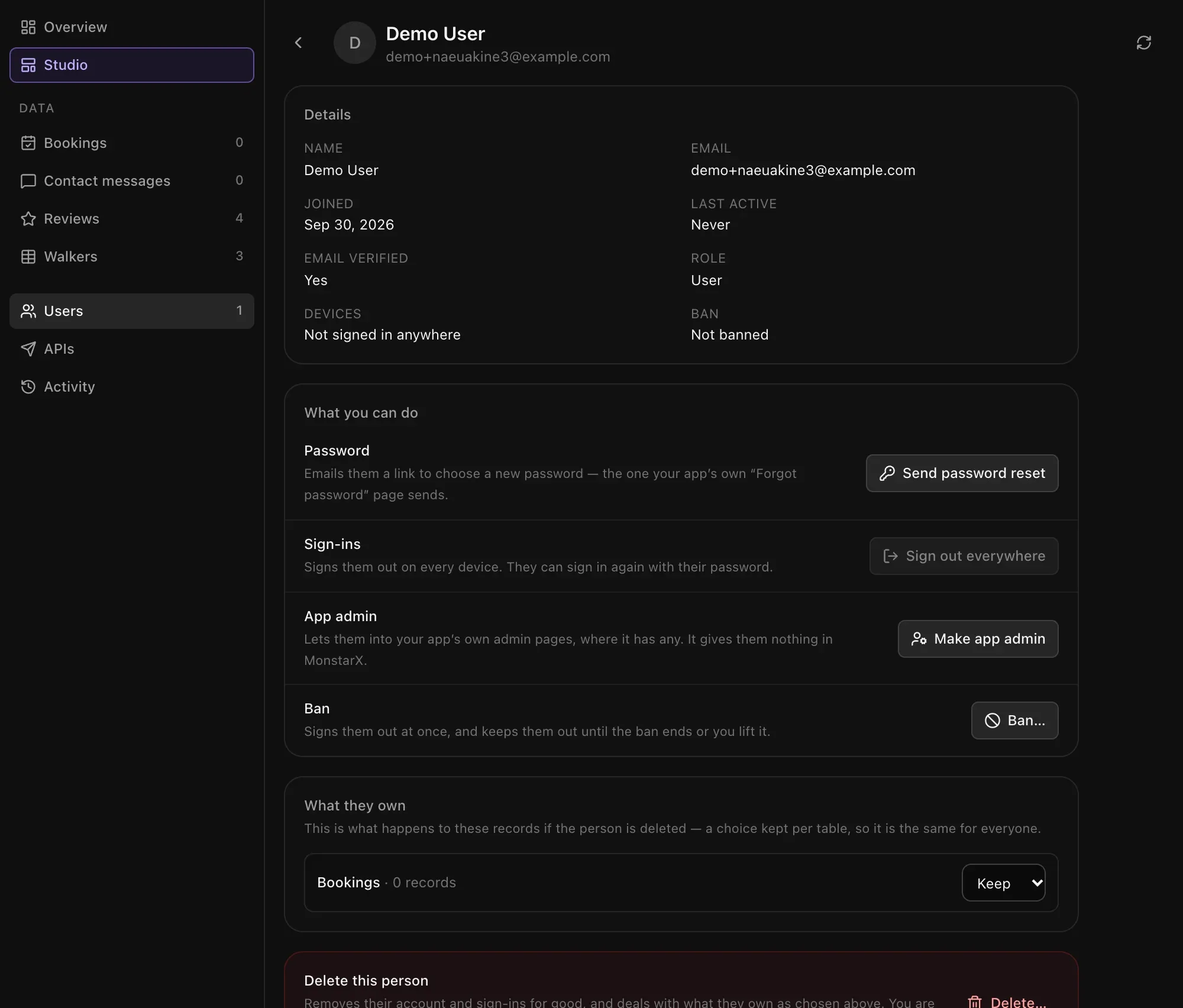 A user's profile in Admin: details, then Send password reset, Sign out everywhere, Make app admin and Ban, and What they own