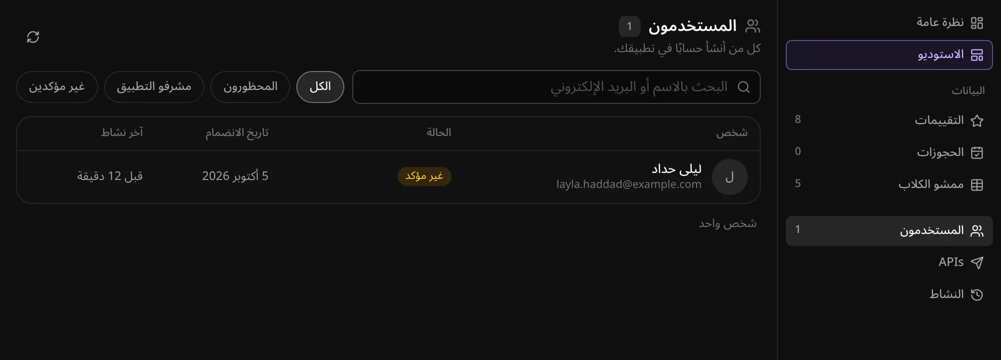 قائمة «المستخدمون» في الإدارة وفيها شخص واحد، ليلى حداد بشارة «غير مؤكد»، مع مربع بحث وعوامل التصفية «الكل» و«المحظورون» و«مشرفو التطبيق» و«غير مؤكدين»