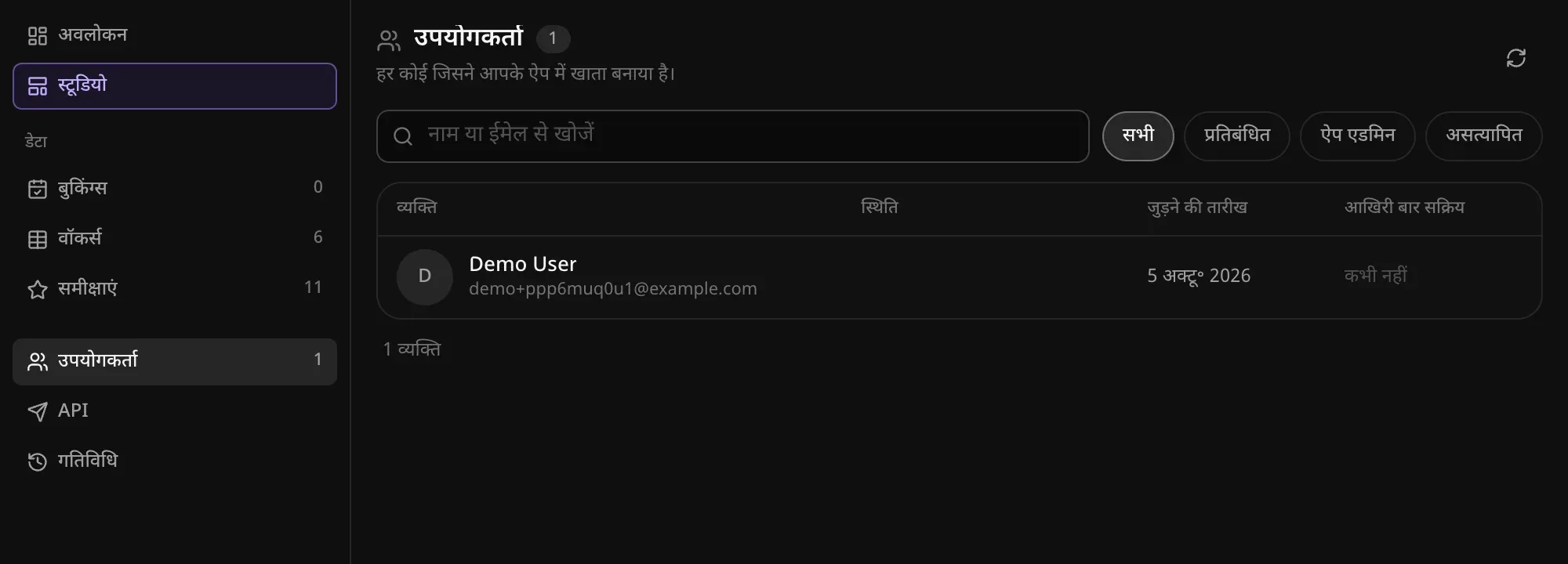 एडमिन में उपयोगकर्ताओं की सूची, जिसमें एक व्यक्ति, खोज बॉक्स और सभी, प्रतिबंधित, ऐप एडमिन और असत्यापित फ़िल्टर हैं