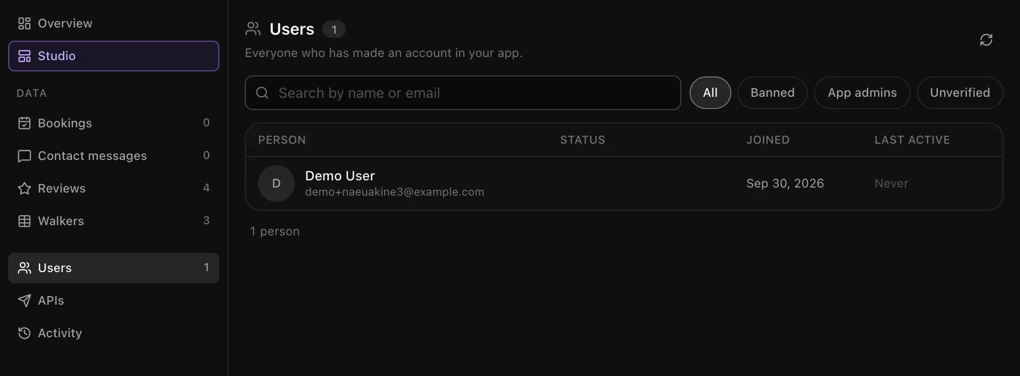 Admin Users list with one person, a search box and the filters All, Banned, App admins and Unverified