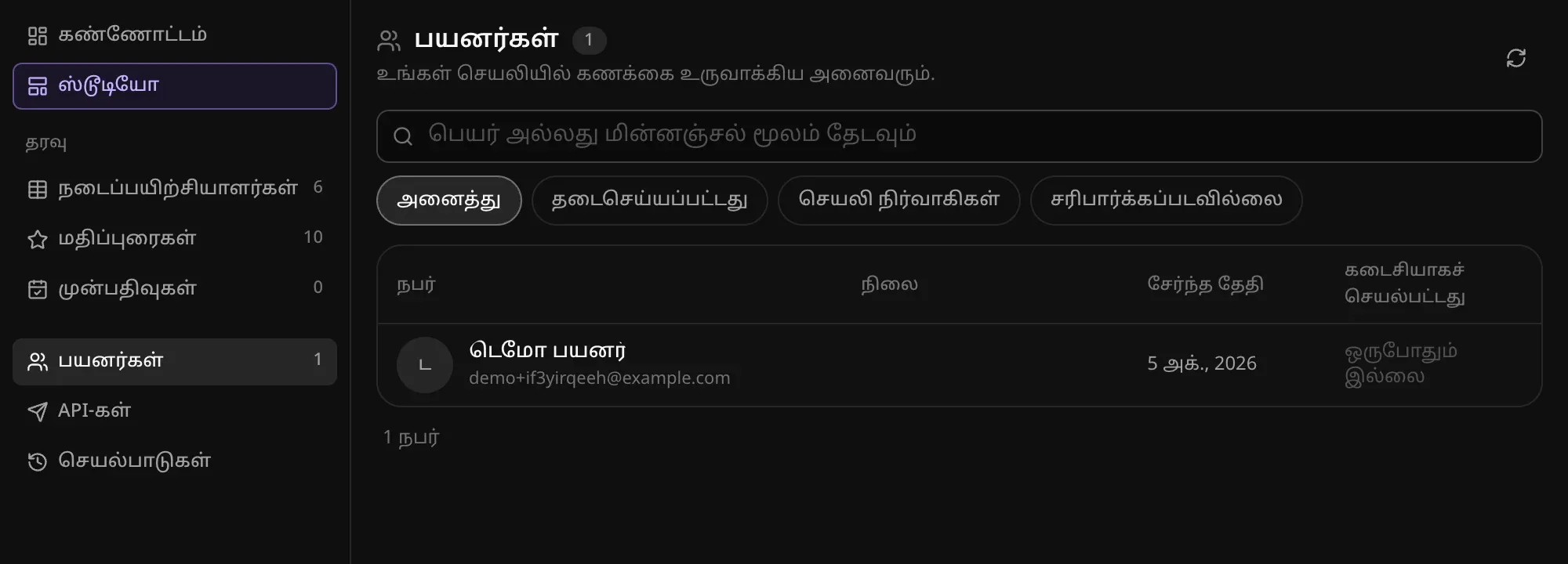 நிர்வாகி பகுதியின் பயனர்கள் பட்டியல்: ஒரு நபர் (டெமோ பயனர்), தேடல் பெட்டி, அனைத்து, தடைசெய்யப்பட்டது, செயலி நிர்வாகிகள், சரிபார்க்கப்படவில்லை ஆகிய வடிகட்டிகள்