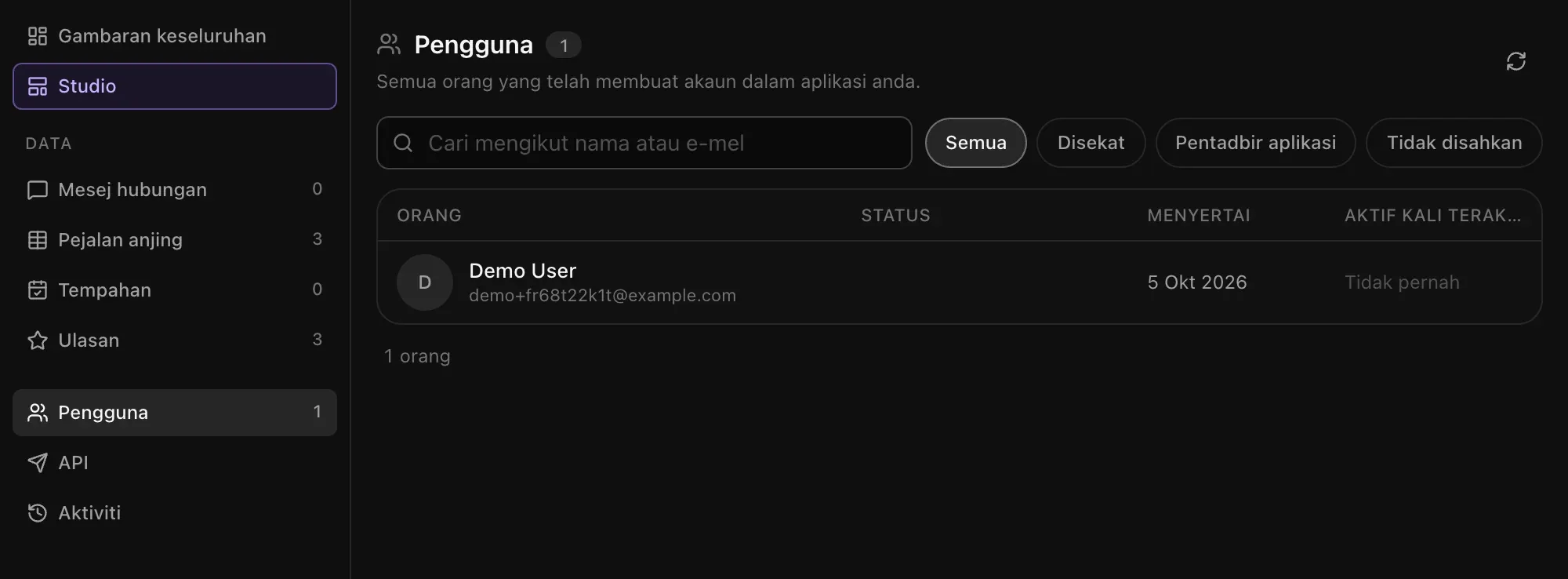 Senarai Pengguna dalam Admin dengan seorang pengguna, kotak carian dan penapis Semua, Disekat, Pentadbir aplikasi dan Tidak disahkan
