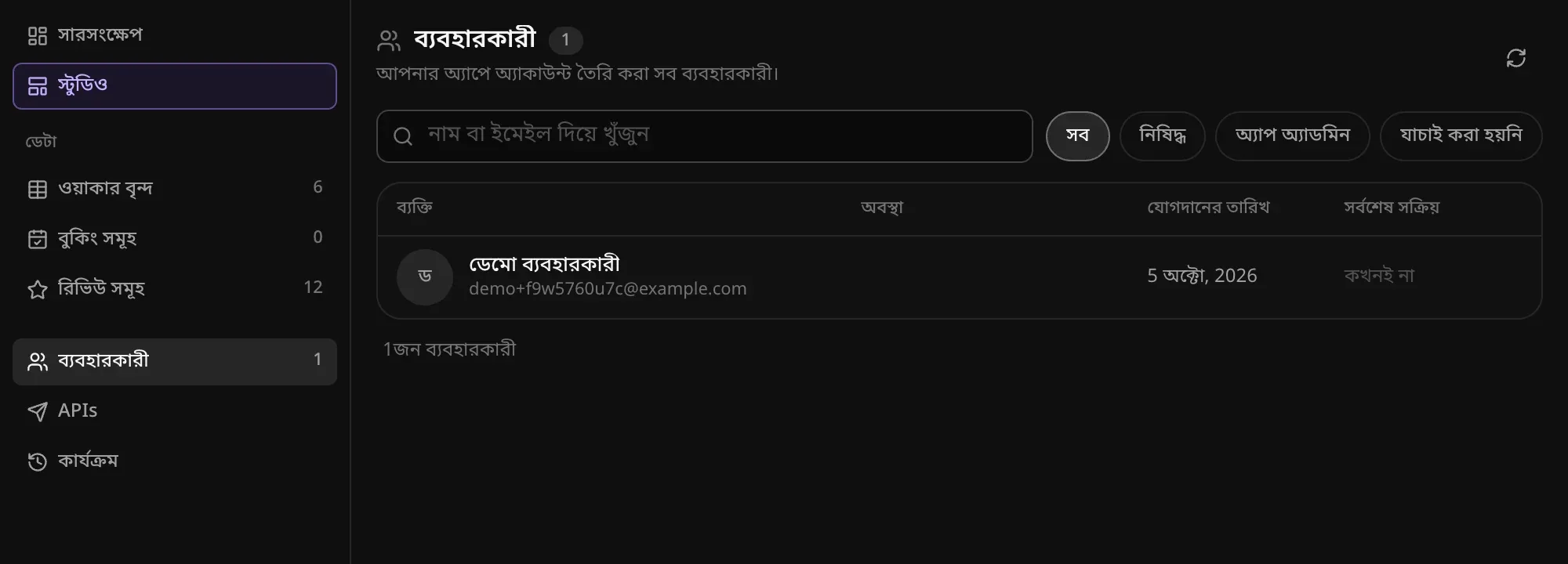 অ্যাডমিনের ব্যবহারকারী তালিকা: একজন ব্যবহারকারী (ডেমো ব্যবহারকারী), একটি খোঁজার বক্স, আর সব, নিষিদ্ধ, অ্যাপ অ্যাডমিন ও যাচাই করা হয়নি ফিল্টার