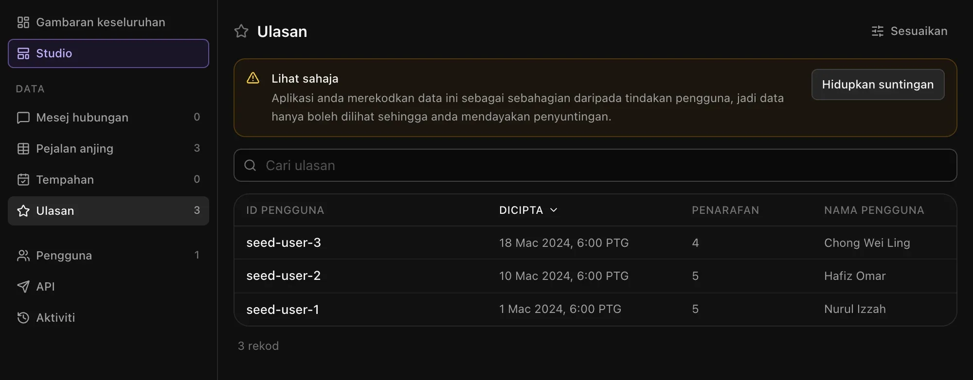 Jadual ulasan dalam Admin dengan sepanduk Lihat sahaja dan butang Hidupkan suntingan