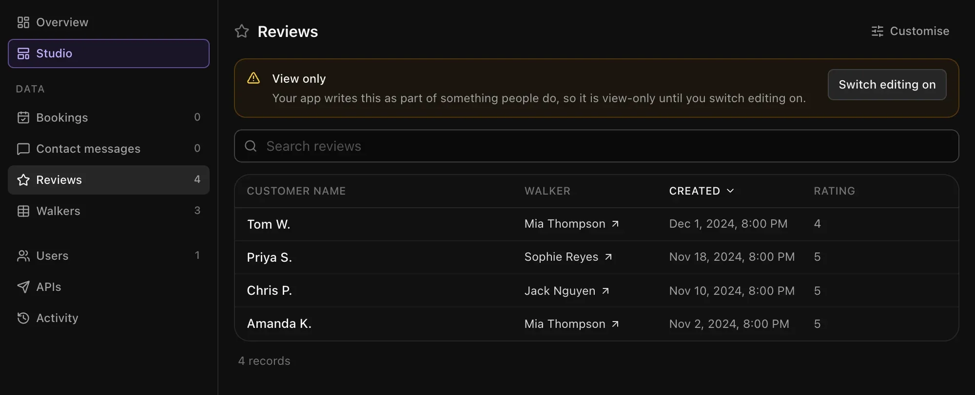The Reviews table in Admin with a View only banner and a Switch editing on button