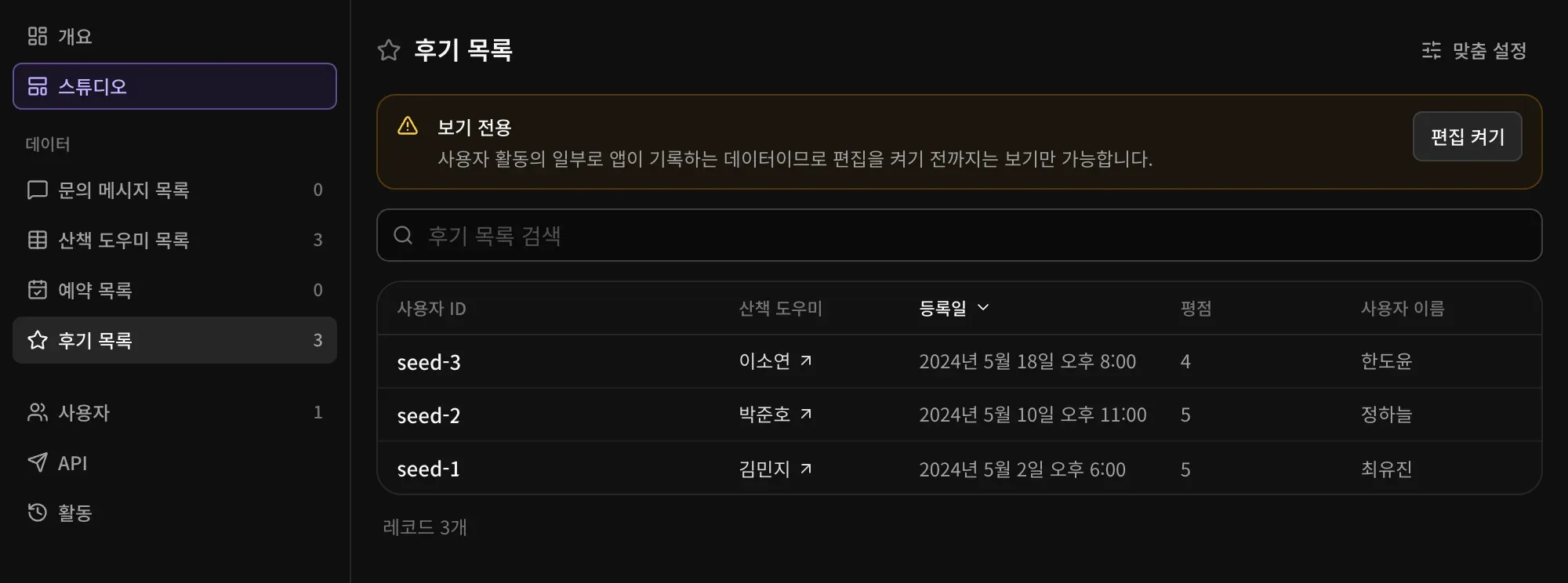 관리자의 후기 목록: 보기 전용 배너와 편집 켜기 버튼, 그리고 산책 도우미, 등록일, 평점, 사용자 이름이 있는 후기 세 건