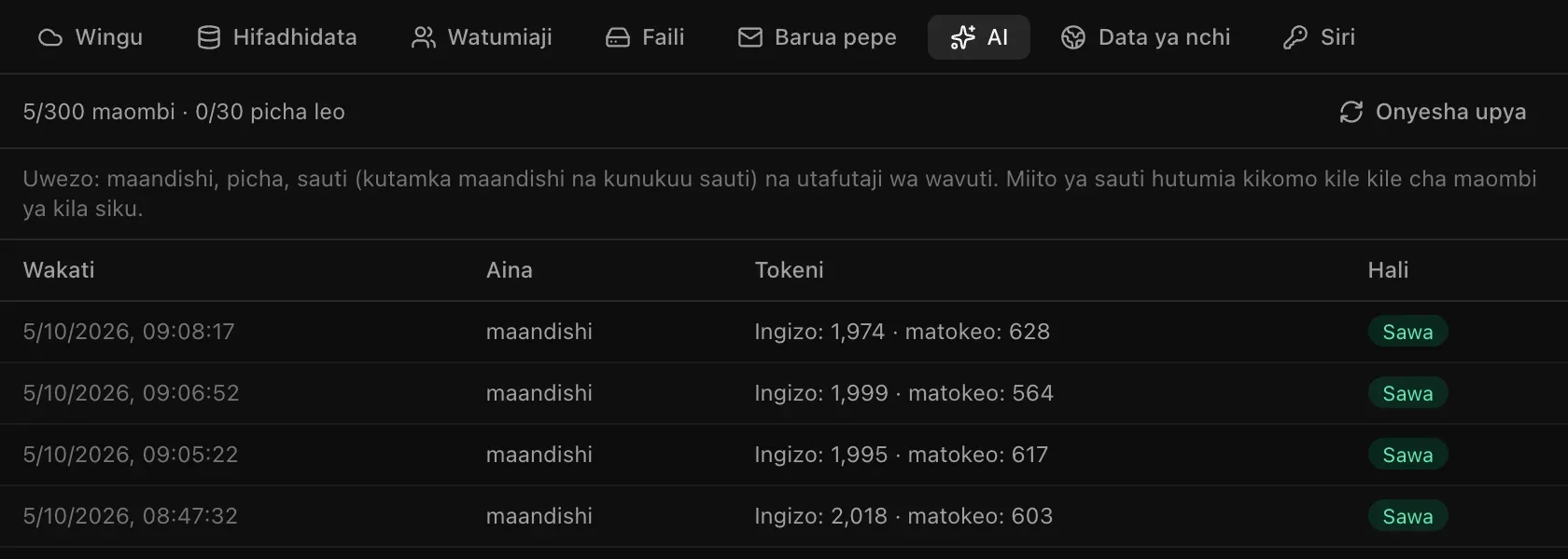 Huduma za wingu, AI ya Jiko la Nyumbani: maombi 5/300 na picha 0/30 leo, na orodha ya miito ya maandishi pamoja na tokeni zake na hali ya Sawa