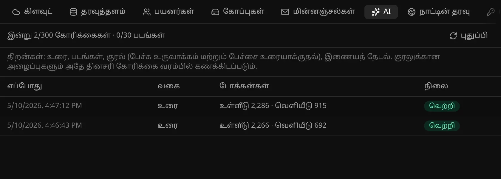 நம்ம சமையல் செயலியின் பின்தளம் → AI: இன்று 2/300 கோரிக்கைகள், 0/30 படங்கள்; டோக்கன்களுடனும் “வெற்றி” நிலையுடனும் இரண்டு உரை அழைப்புகள்