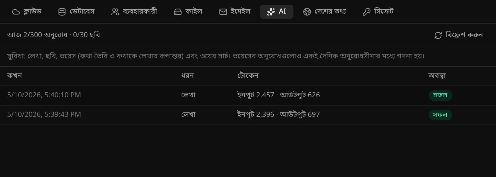 ঘরের রান্না অ্যাপের ব্যাকএন্ডে AI বিভাগ: আজ 300টির মধ্যে 2টি অনুরোধ ও 30টির মধ্যে 0টি ছবি, আর টোকেনের হিসাব ও সফল অবস্থাসহ লেখা তৈরির দুটি কল