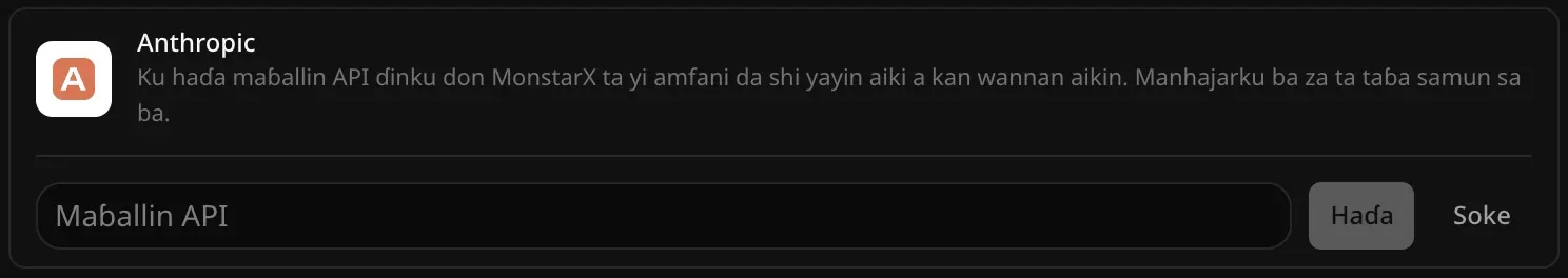 Layin Anthropic a buɗe don haɗawa, da filin Maɓallin API babu komai, da maɓallan Haɗa da Soke