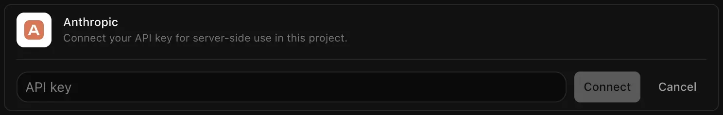 The Anthropic row opened for connecting, with an empty API key field and Connect and Cancel buttons
