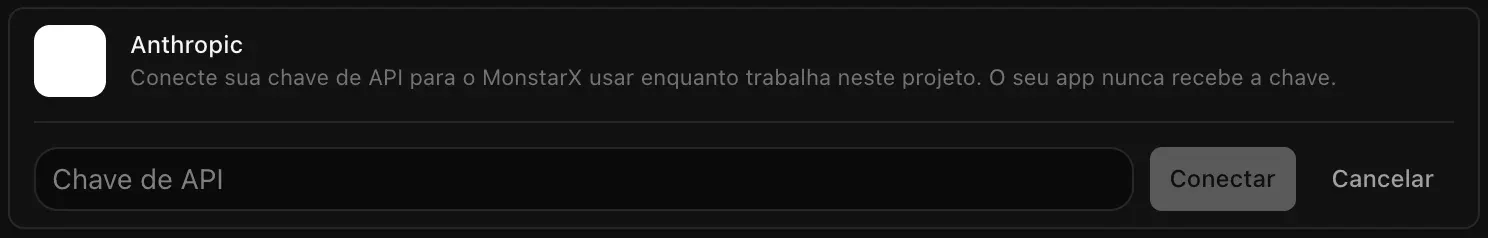A linha da Anthropic aberta para conectar, com o campo Chave de API vazio e os botões Conectar e Cancelar