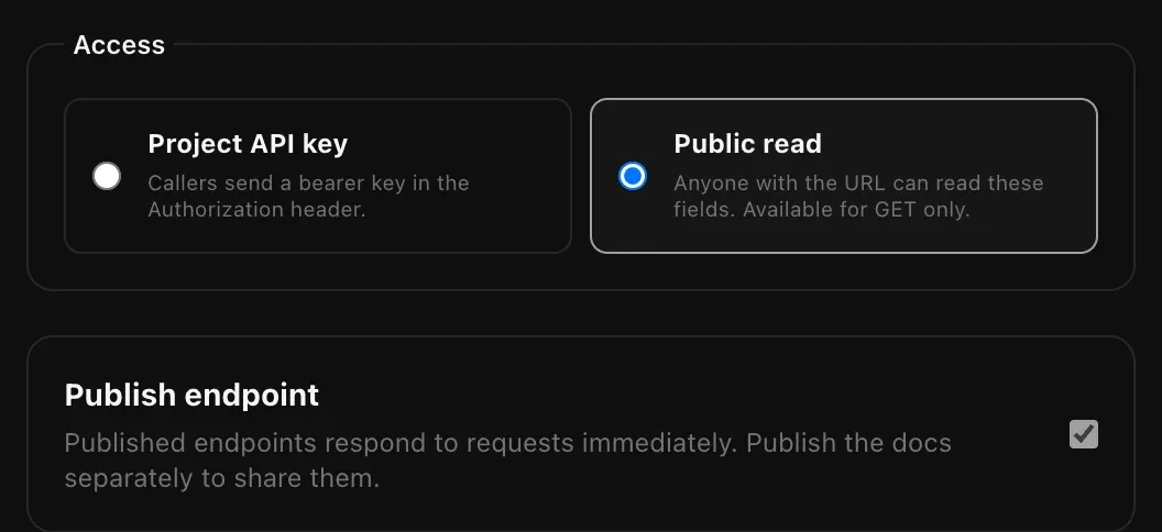 The Access choice between Project API key and Public read, with Public read selected, and Publish endpoint ticked: published endpoints respond immediately, and the docs are published separately