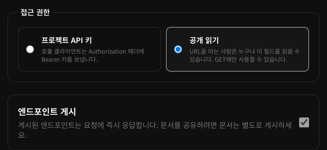 접근 권한에서 프로젝트 API 키와 공개 읽기 중 공개 읽기가 선택되어 있고, 엔드포인트 게시가 체크되어 있습니다. 게시된 엔드포인트는 바로 응답하며 문서는 따로 게시한다는 안내가 있습니다